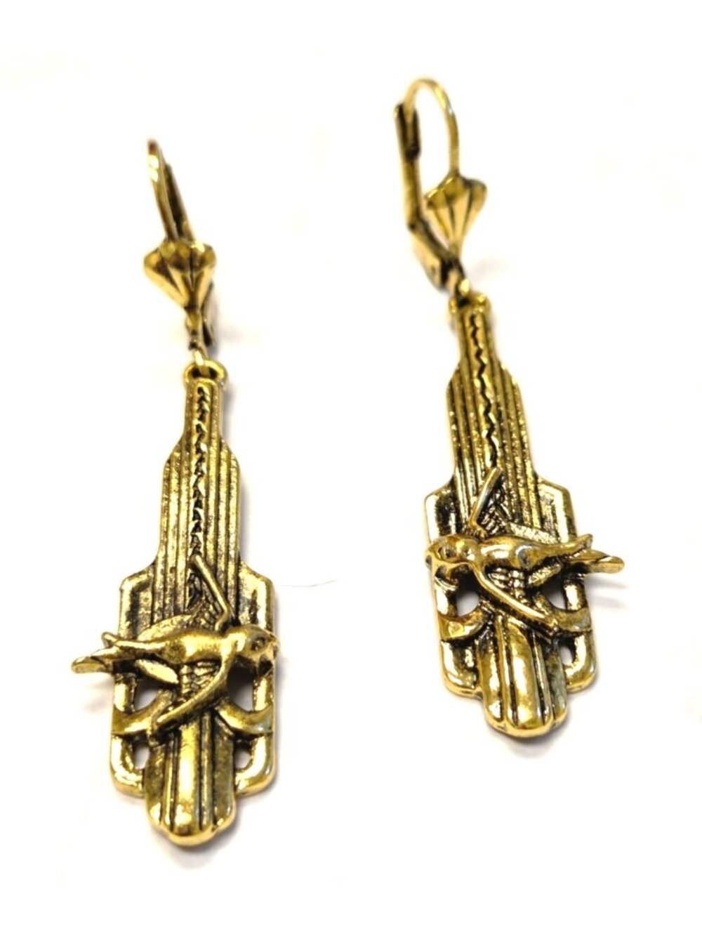 Art Deco Gold-Tone Dangle Earrings With Bird Motif & Leverback Closure